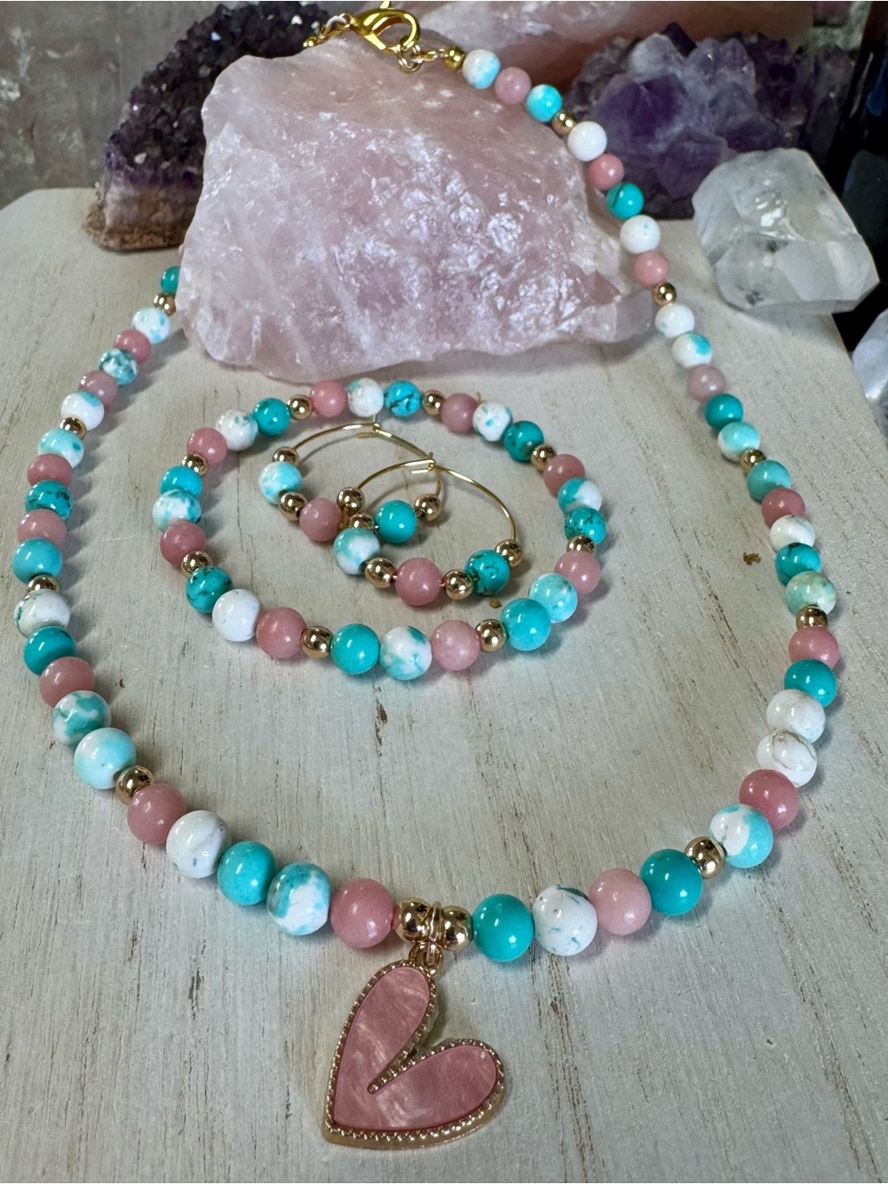 Handmade Pink Opal & Turquoise Howlite Beaded Necklace, Bracelet & Earring Set